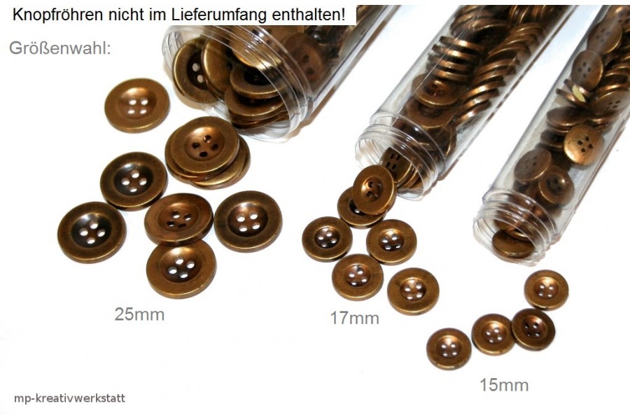 1 Stk Knopf Metall, für Jeanskleidung, 4-Loch  Dm 15, 17 oder 25mm altmessing
